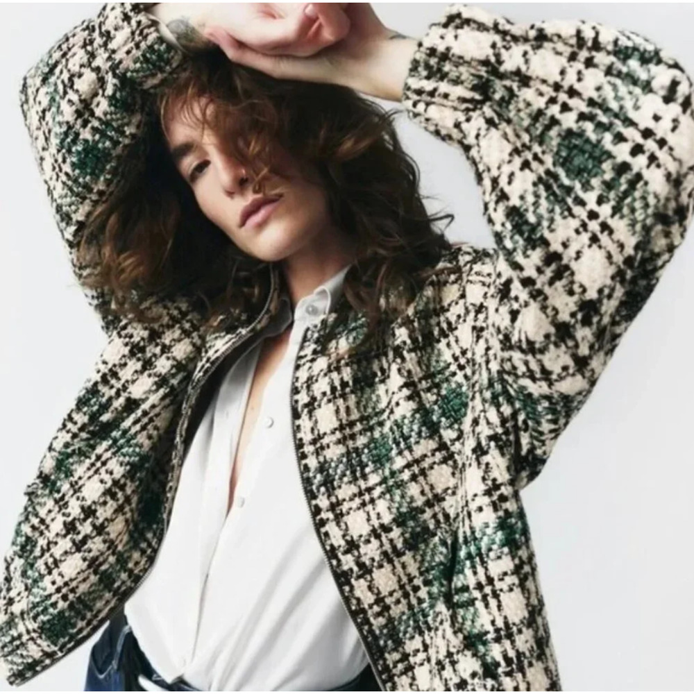 ZARA Women Tweed Plaid Bomber Jacket Zip Front Sz L Old Money Preppy Academia - Picture 7 of 13